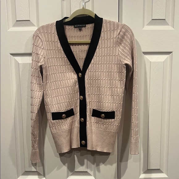 Adrianna Papell Sweaters - Adrianna Papell tan Cardigan with Black and gold Accents